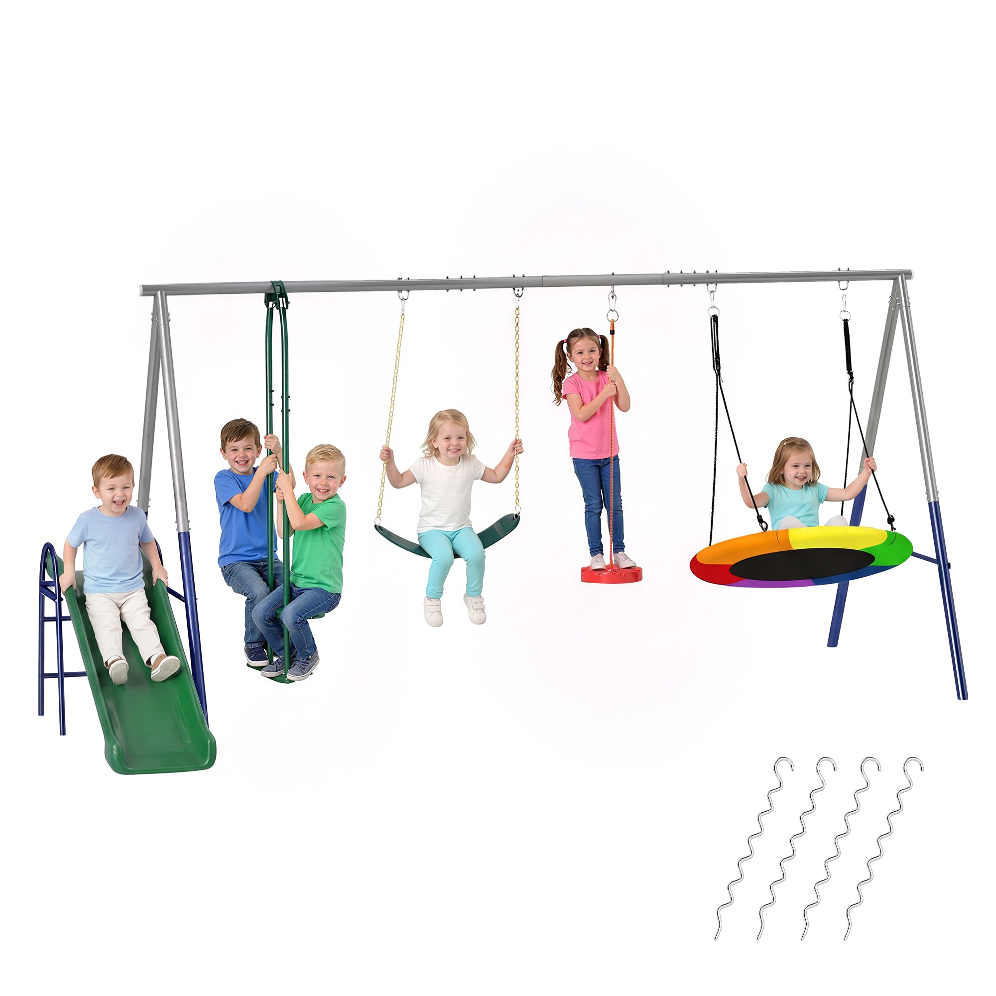 5-in-1 Kids Swing Set with Slide – Adjustable Seats, Nest & Strap Swings, Heavy-Duty A-Frame, Multicolor (For Ages 3–8)