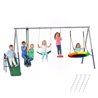 5-in-1 Kids Swing Set with Slide – Adjustable Seats, Nest & Strap Swings, Heavy-Duty A-Frame, Multicolor (For Ages 3–8)