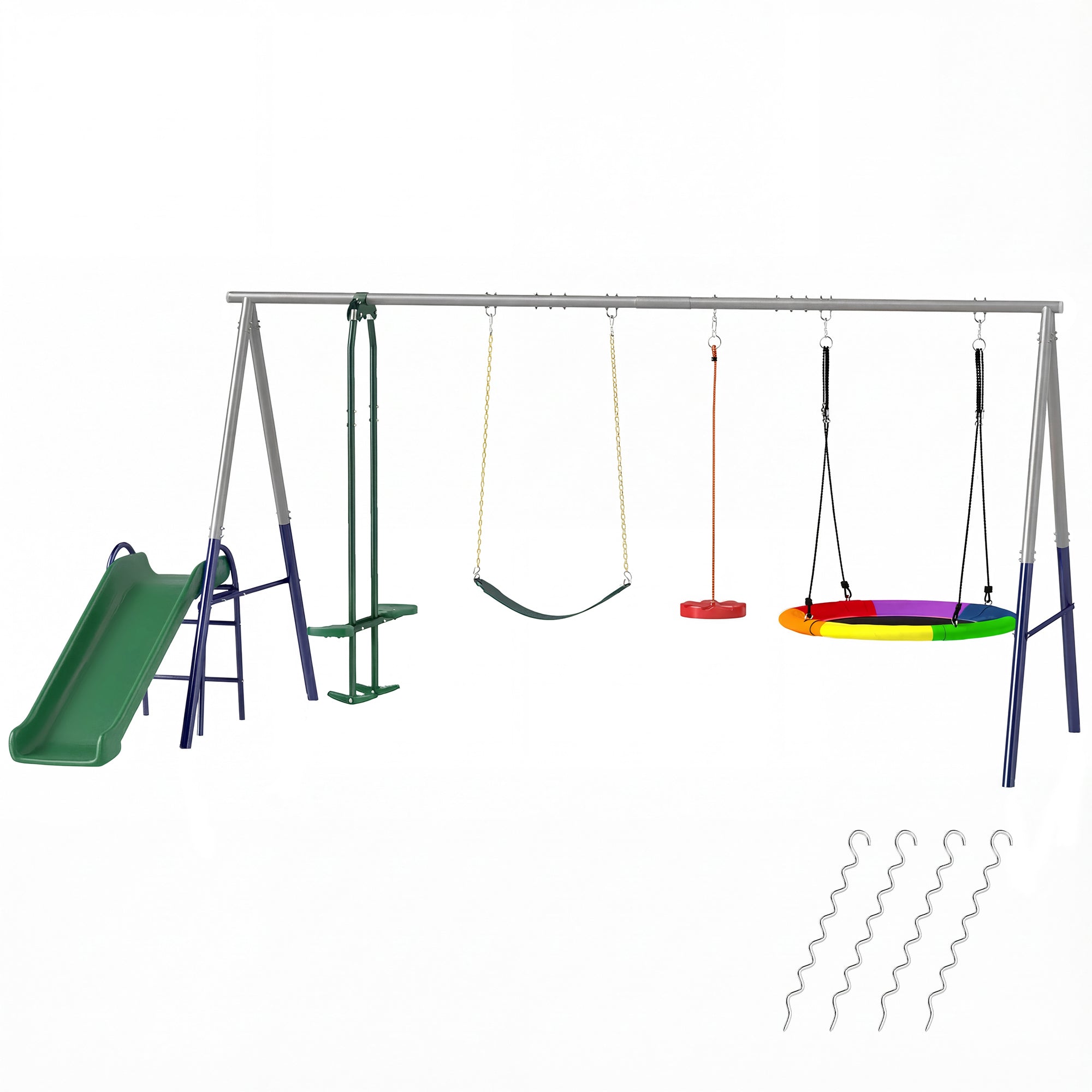 5-in-1 Kids Swing Set with Slide – Adjustable Seats, Nest & Strap Swings, Heavy-Duty A-Frame, Multicolor (For Ages 3–8)