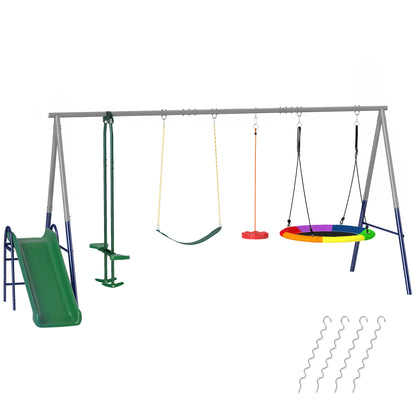 5-in-1 Kids Swing Set with Slide – Adjustable Seats, Nest & Strap Swings, Heavy-Duty A-Frame, Multicolor (For Ages 3–8)