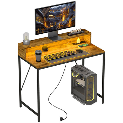Industrial Desk with LED Lights Power Outlets Monitor Stand Remote Control Computer Desk for Office Study 100x50x90.5 cm Rustic Brown