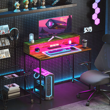 Industrial Desk with LED Lights Power Outlets Monitor Stand Remote Control Computer Desk for Office Study 100x50x90.5 cm Rustic Brown