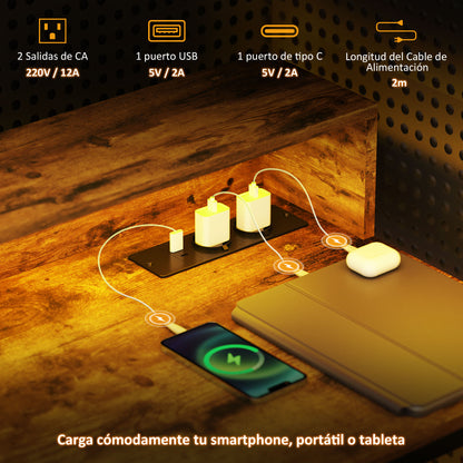 Industrial Desk with LED Lights Power Outlets Monitor Stand Remote Control Computer Desk for Office Study 100x50x90.5 cm Rustic Brown