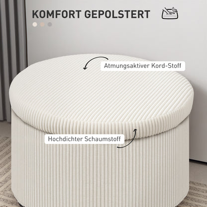 Ottoman Seat with Storage Ottoman with Lid, Round Padded Footstool with Corduroy Look for Living Room, Bedroom 60 x 60 x 41 cm Beige