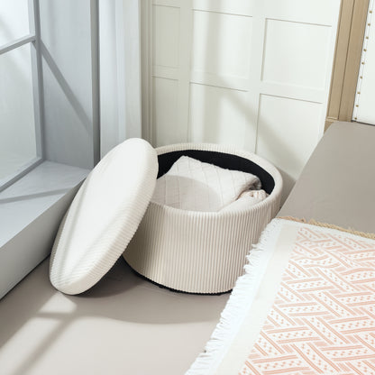 Ottoman Seat with Storage Ottoman with Lid, Round Padded Footstool with Corduroy Look for Living Room, Bedroom 60 x 60 x 41 cm Beige