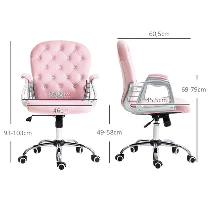 Velvet Upholstered Office Chair Swivel Chair with Adjustable Height Armrests and Diamond Decorations Supports 120 kg Study Bedroom Chair 59.5x60.5x93-103 cm Pink