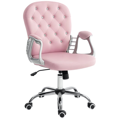 Velvet Upholstered Office Chair Swivel Chair with Adjustable Height Armrests and Diamond Decorations Supports 120 kg Study Bedroom Chair 59.5x60.5x93-103 cm Pink