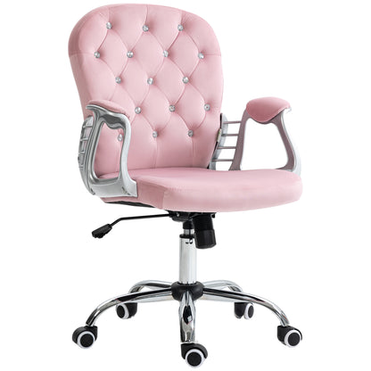 Velvet Upholstered Office Chair Swivel Chair with Adjustable Height Armrests and Diamond Decorations Supports 120 kg Study Bedroom Chair 59.5x60.5x93-103 cm Pink