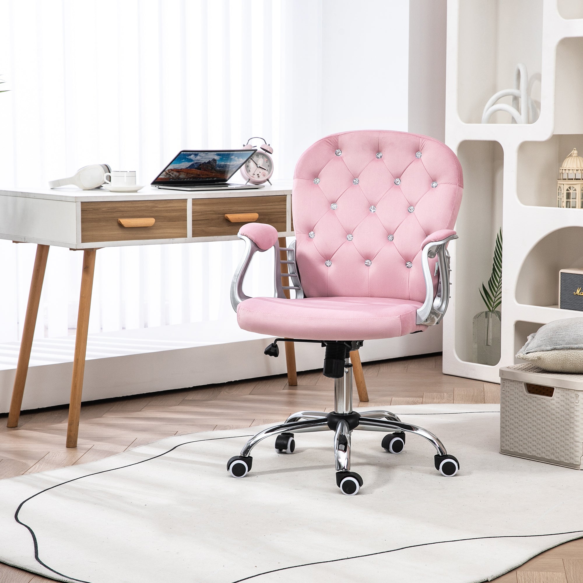 Velvet Upholstered Office Chair Swivel Chair with Adjustable Height Armrests and Diamond Decorations Supports 120 kg Study Bedroom Chair 59.5x60.5x93-103 cm Pink