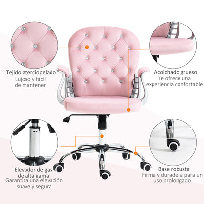 Velvet Upholstered Office Chair Swivel Chair with Adjustable Height Armrests and Diamond Decorations Supports 120 kg Study Bedroom Chair 59.5x60.5x93-103 cm Pink