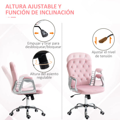 Velvet Upholstered Office Chair Swivel Chair with Adjustable Height Armrests and Diamond Decorations Supports 120 kg Study Bedroom Chair 59.5x60.5x93-103 cm Pink