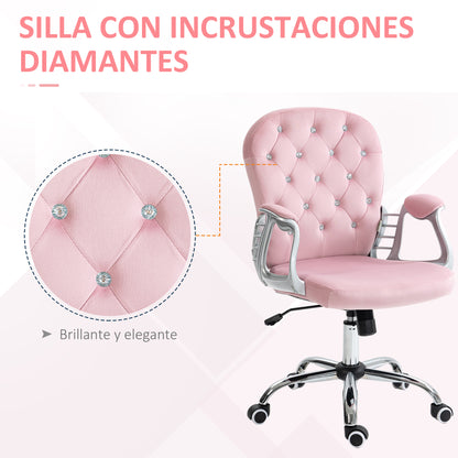 Velvet Upholstered Office Chair Swivel Chair with Adjustable Height Armrests and Diamond Decorations Supports 120 kg Study Bedroom Chair 59.5x60.5x93-103 cm Pink