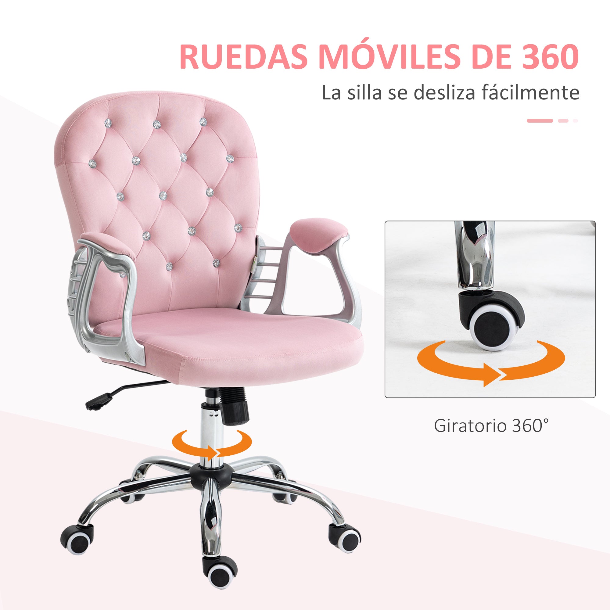 Velvet Upholstered Office Chair Swivel Chair with Adjustable Height Armrests and Diamond Decorations Supports 120 kg Study Bedroom Chair 59.5x60.5x93-103 cm Pink