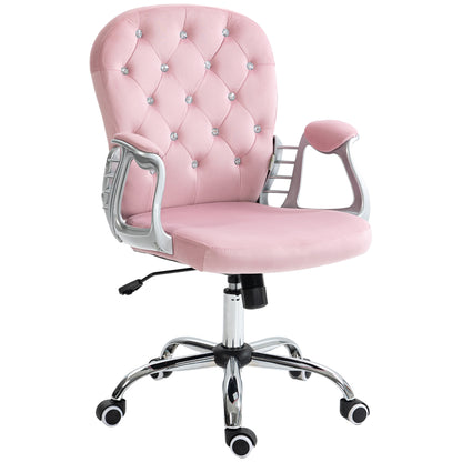 Velvet Upholstered Office Chair Swivel Chair with Adjustable Height Armrests and Diamond Decorations Supports 120 kg Study Bedroom Chair 59.5x60.5x93-103 cm Pink