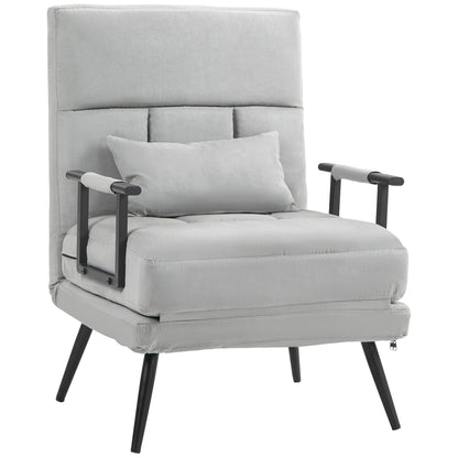 1-Seater Convertible Sofa Bed Armchair 3-in-1 Reclining Backrest 5 Positions, Armrests and Cushion, Velvet Effect, Gray
