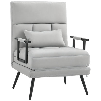 1-Seater Convertible Sofa Bed Armchair 3-in-1 Reclining Backrest 5 Positions, Armrests and Cushion, Velvet Effect, Gray