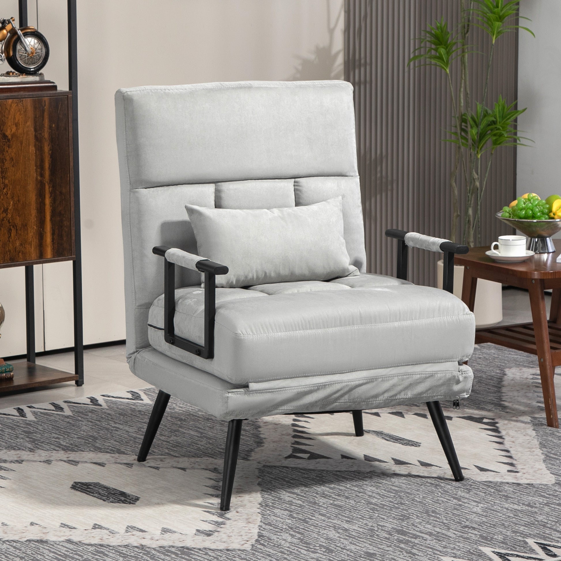 1-Seater Convertible Sofa Bed Armchair 3-in-1 Reclining Backrest 5 Positions, Armrests and Cushion, Velvet Effect, Gray