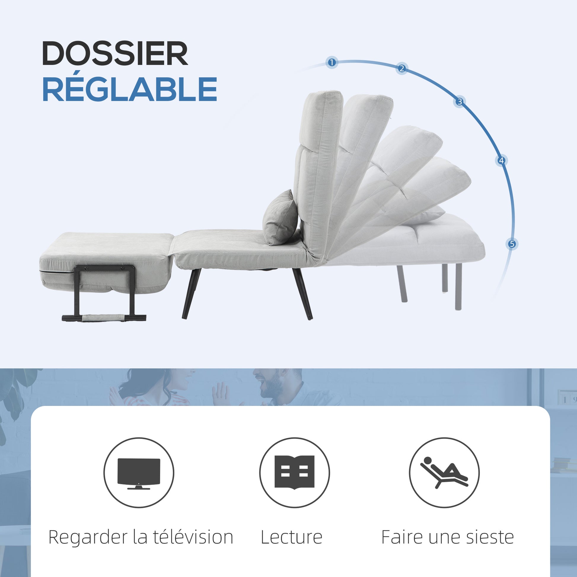 1-Seater Convertible Sofa Bed Armchair 3-in-1 Reclining Backrest 5 Positions, Armrests and Cushion, Velvet Effect, Gray