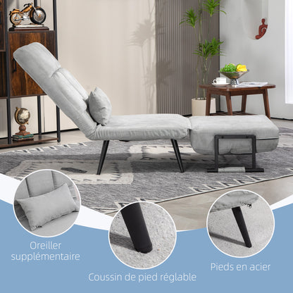 1-Seater Convertible Sofa Bed Armchair 3-in-1 Reclining Backrest 5 Positions, Armrests and Cushion, Velvet Effect, Gray