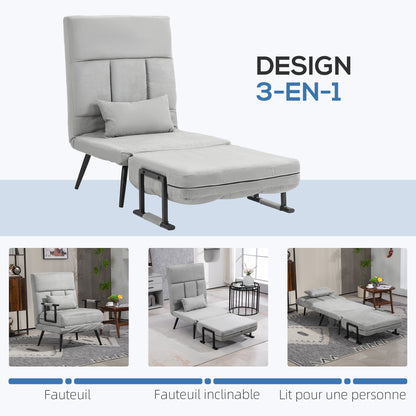 1-Seater Convertible Sofa Bed Armchair 3-in-1 Reclining Backrest 5 Positions, Armrests and Cushion, Velvet Effect, Gray