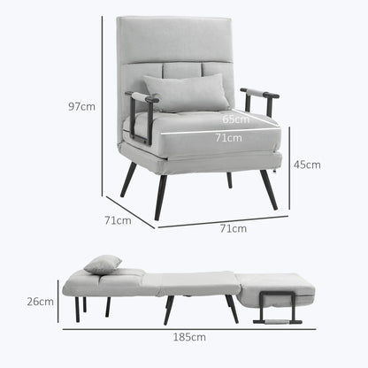 1-Seater Convertible Sofa Bed Armchair 3-in-1 Reclining Backrest 5 Positions, Armrests and Cushion, Velvet Effect, Gray