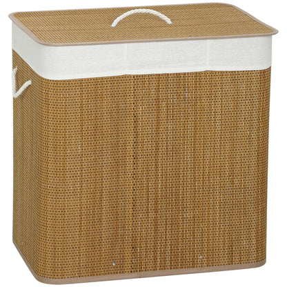Bamboo Laundry Hamper with Lid, 144L, 3-Compartment Laundry Basket with Removable Washable Liners and Handles, for Laundry Room or Bedroom, 60 x 40 x 60 cm, Brown