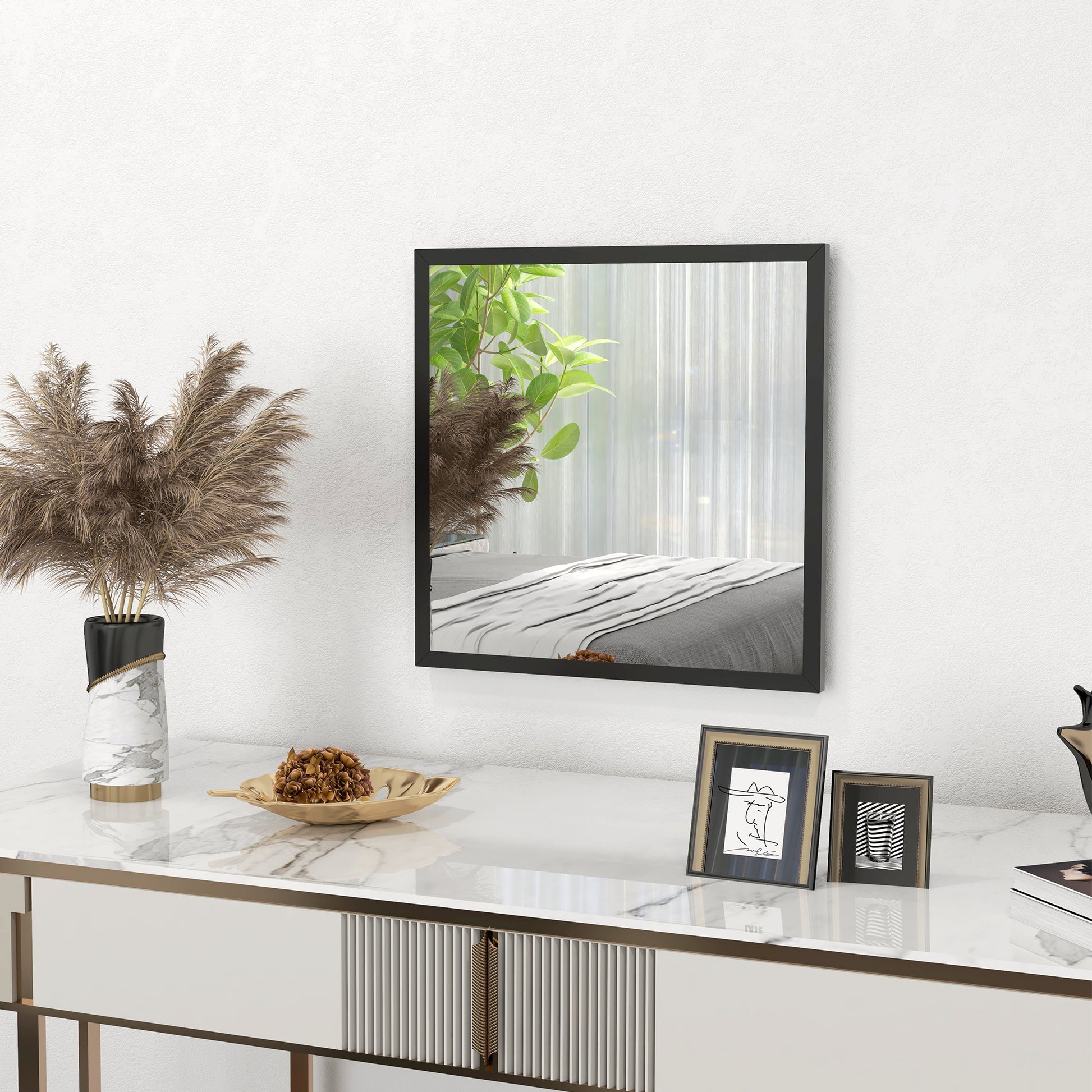 Square Wall Mirror 50 x 50 cm, black wooden frame, ideal for bathroom, living room, or bedroom