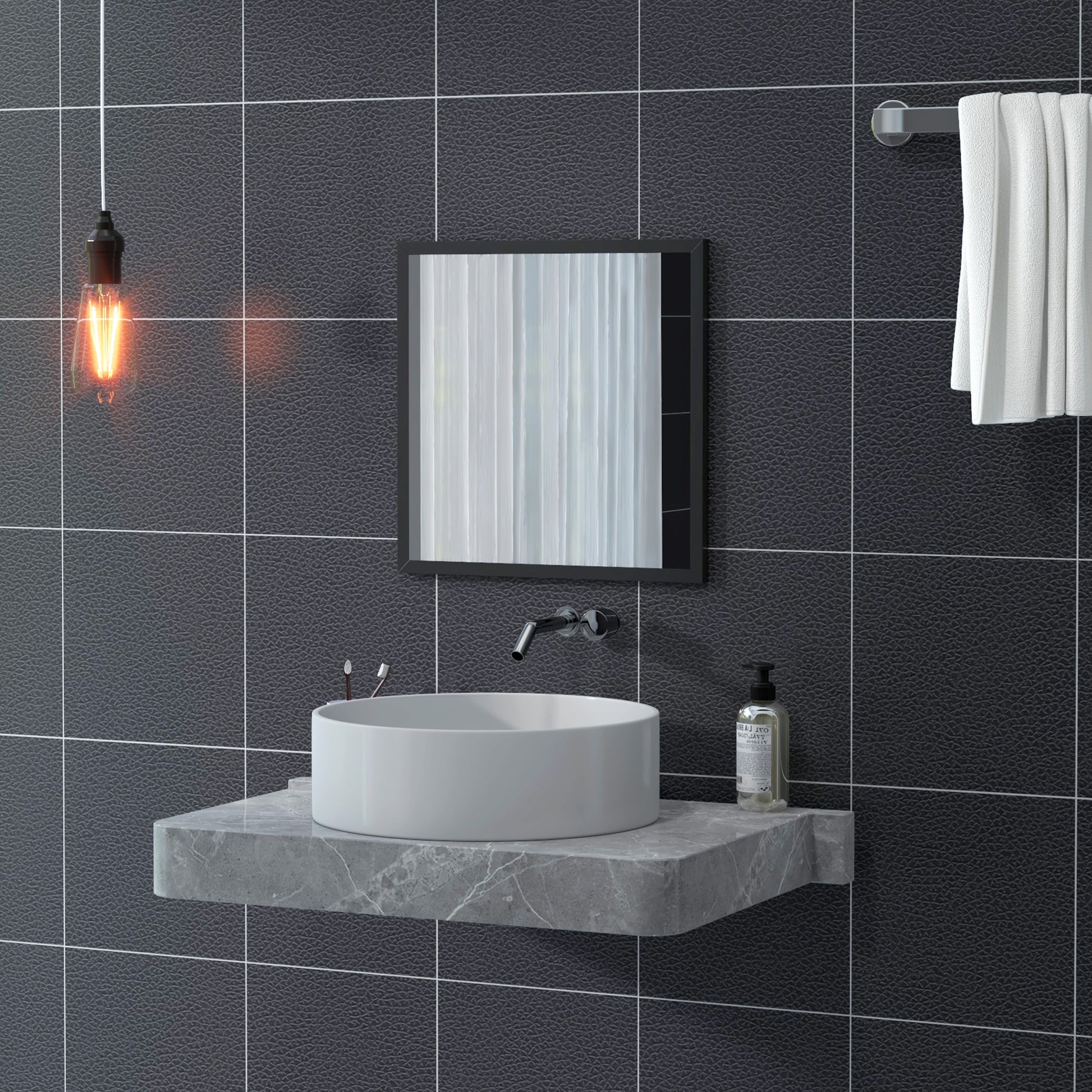 Square Wall Mirror 50 x 50 cm, black wooden frame, ideal for bathroom, living room, or bedroom