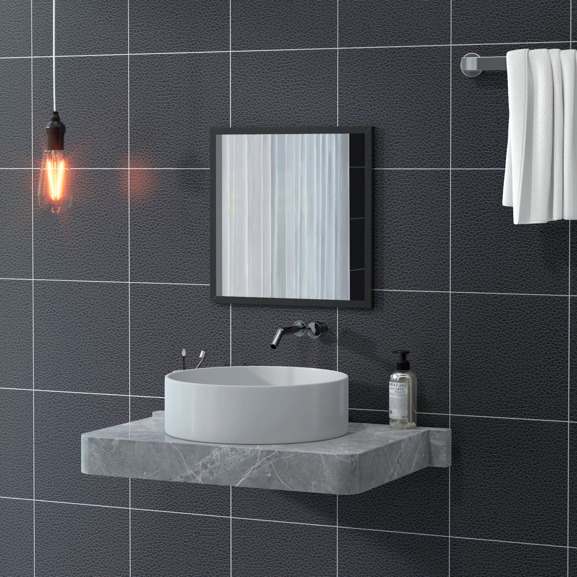 Square Wall Mirror 50 x 50 cm, black wooden frame, ideal for bathroom, living room, or bedroom