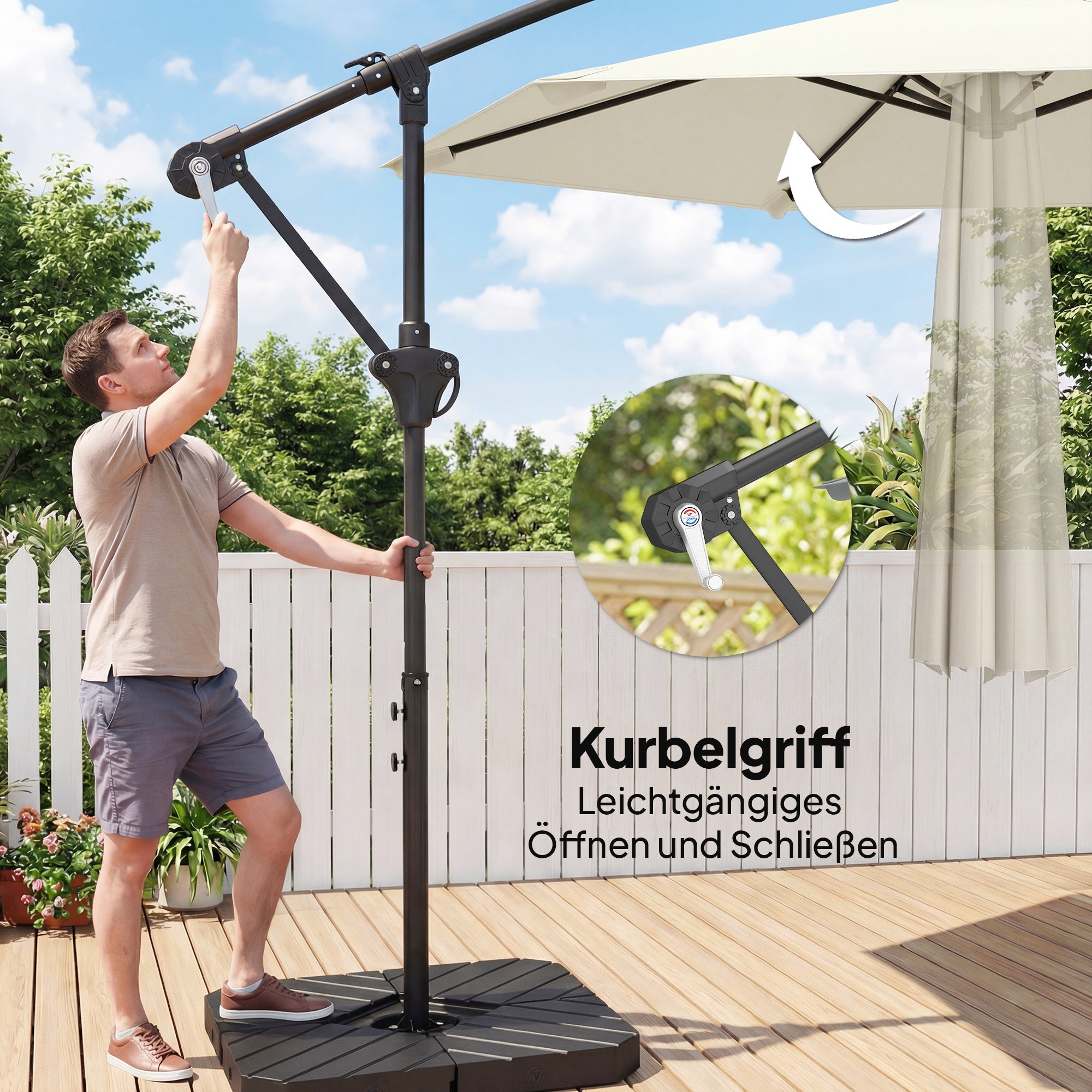 Offset Cantilever Umbrella ~Ø9.7 ft, Crank with Locking Arm, Cross Base & Fillable Weights, UV-Proof Water-Resistant Patio Parasol – Cream White
