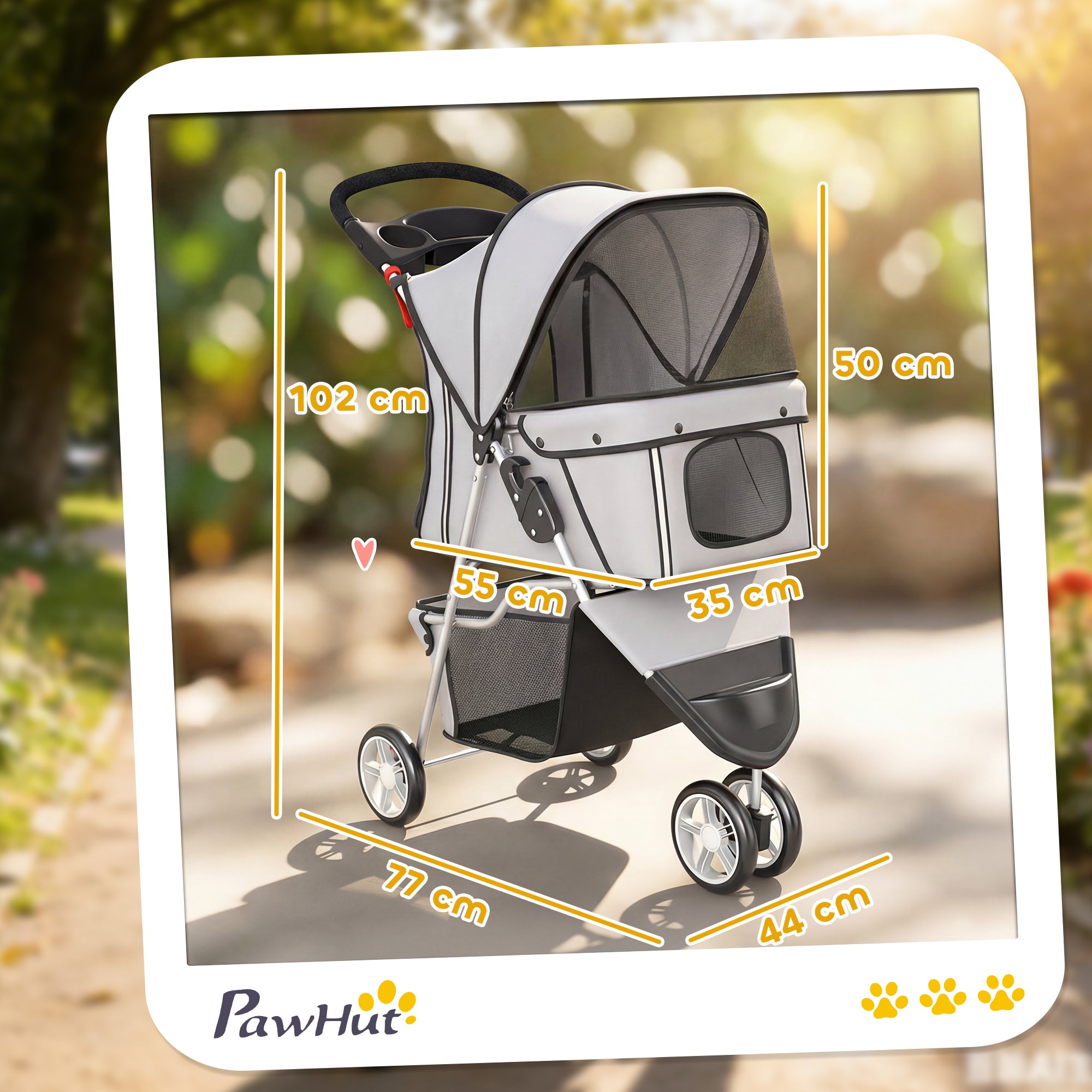 Foldable Pet Stroller, up to 22 lb, 3-Wheel Small Dog & Cat Stroller with Adjustable Canopy, Mesh Windows, Cup Holder, EVA Wheels & Brakes — Light Gray