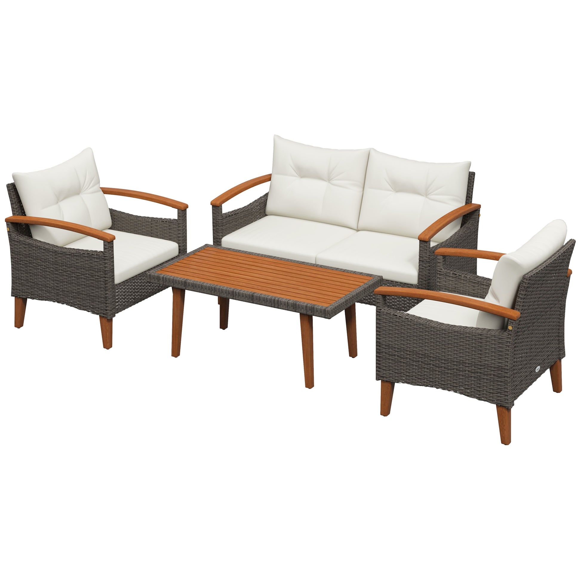 4-Piece Rattan PE Garden Furniture Set 2 Seater Sofa 2 Armchairs with Cushions and Acacia Wood Table Cream