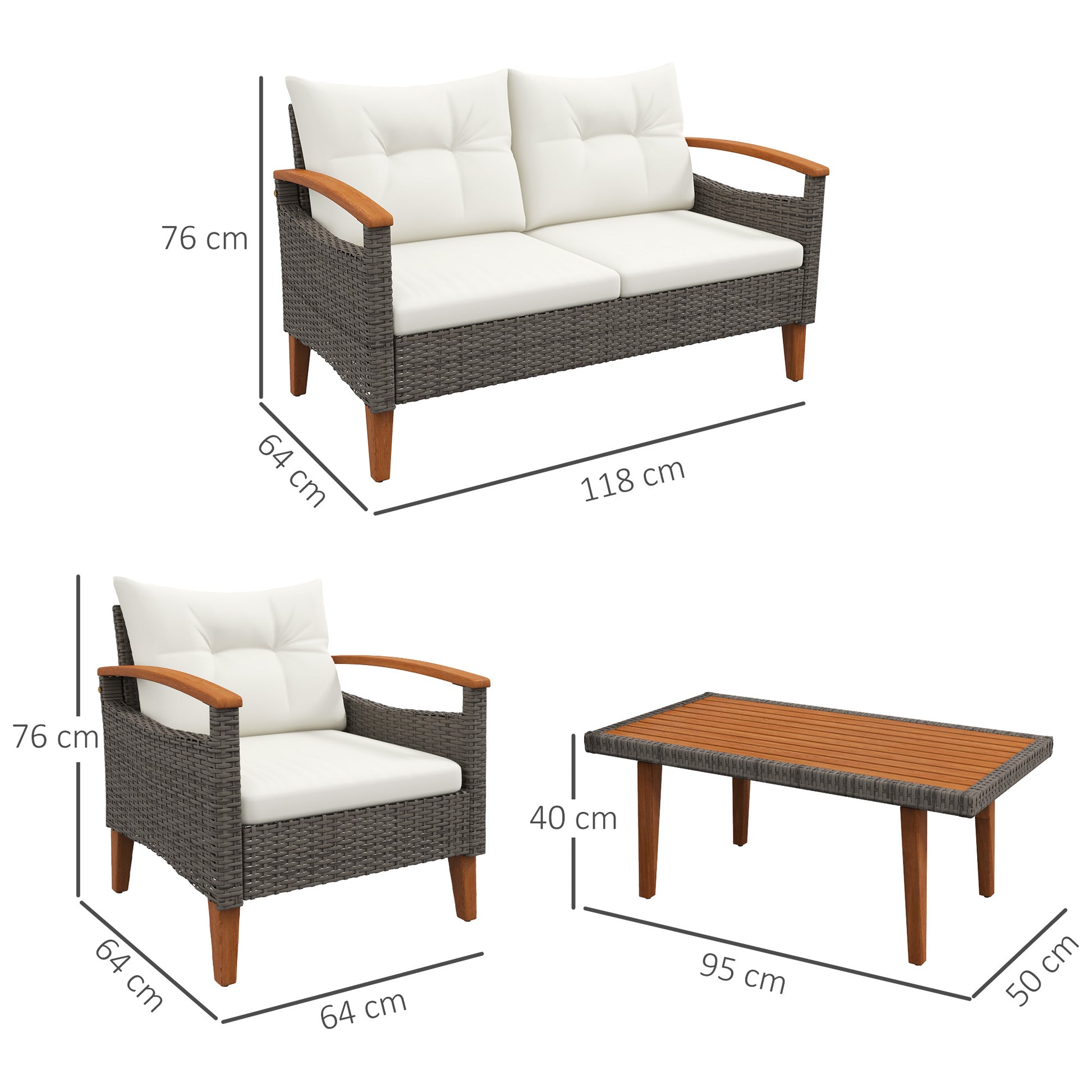 4-Piece Rattan PE Garden Furniture Set 2 Seater Sofa 2 Armchairs with Cushions and Acacia Wood Table Cream