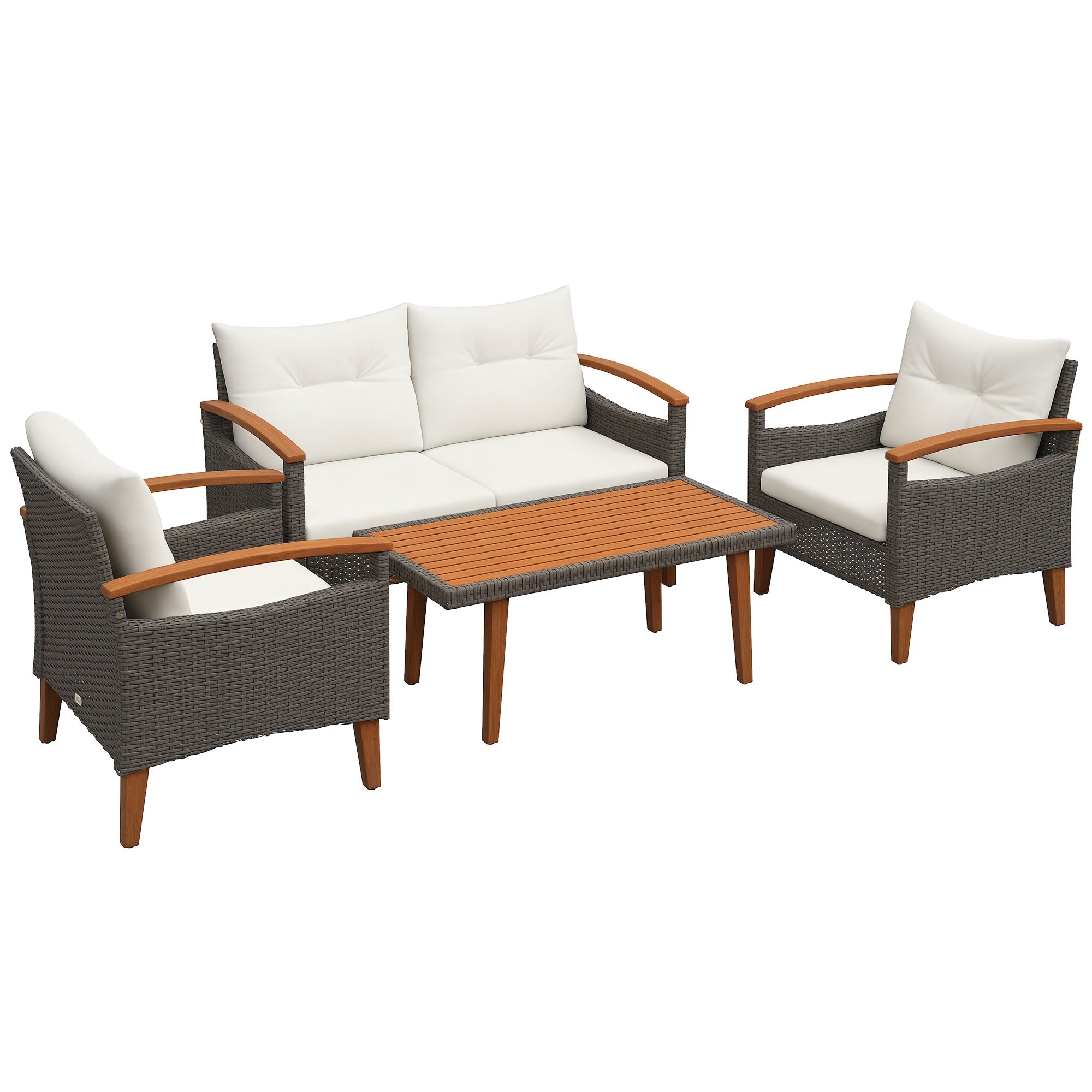 4-Piece Rattan PE Garden Furniture Set 2 Seater Sofa 2 Armchairs with Cushions and Acacia Wood Table Cream