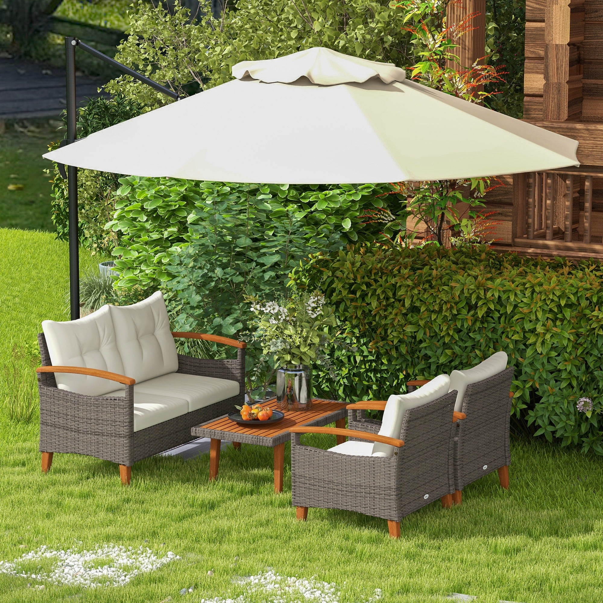 4-Piece Rattan PE Garden Furniture Set 2 Seater Sofa 2 Armchairs with Cushions and Acacia Wood Table Cream