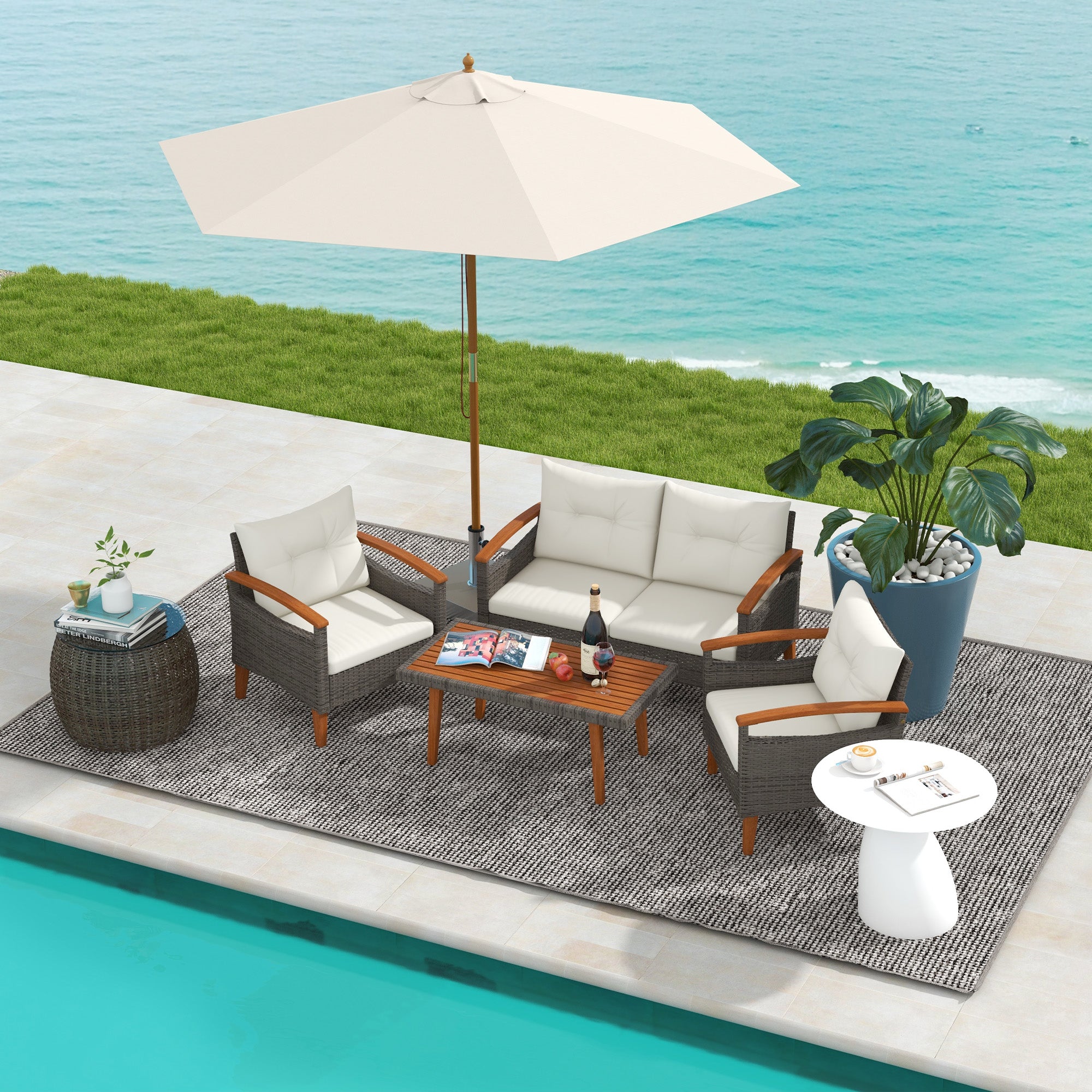 4-Piece Rattan PE Garden Furniture Set 2 Seater Sofa 2 Armchairs with Cushions and Acacia Wood Table Cream