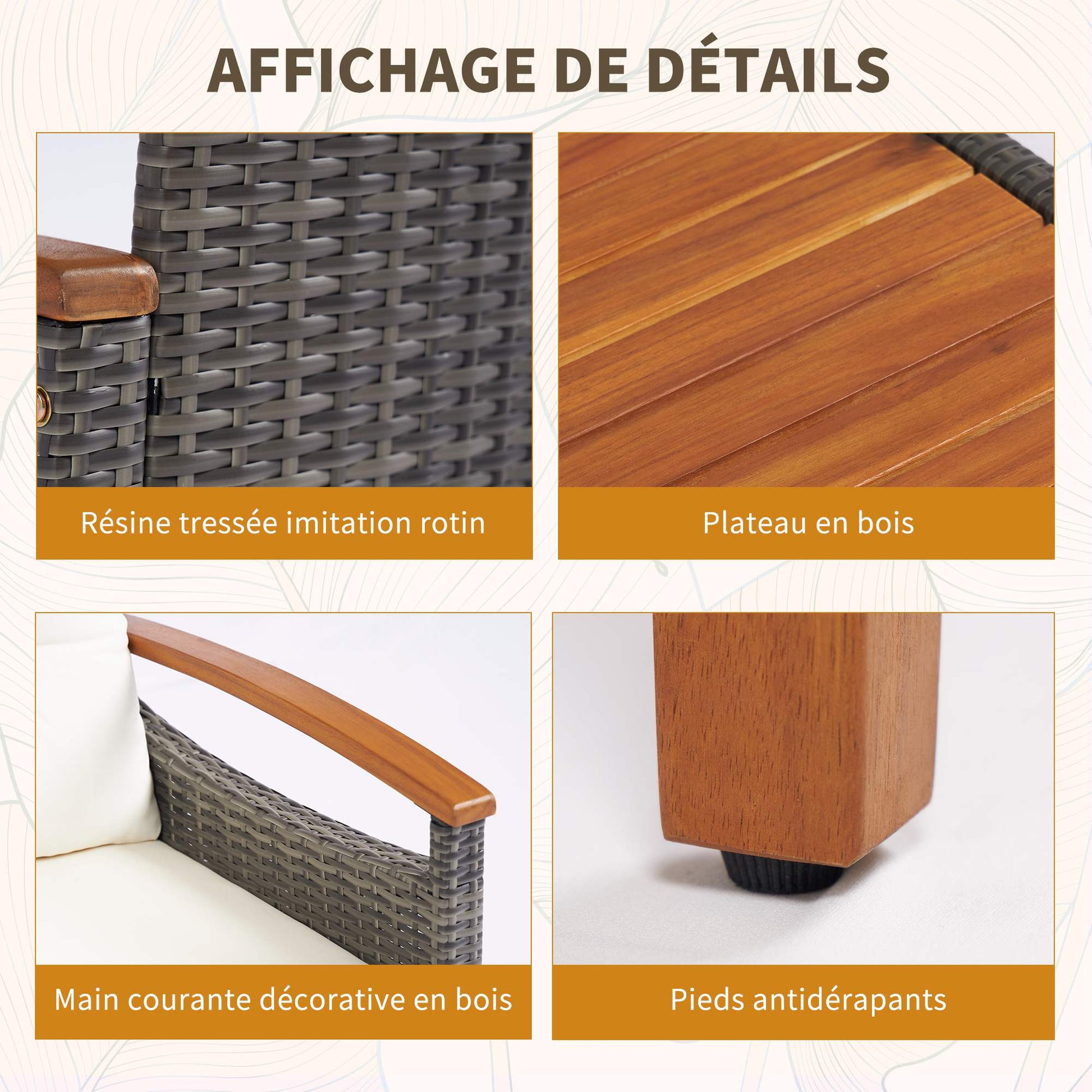 4-Piece Rattan PE Garden Furniture Set 2 Seater Sofa 2 Armchairs with Cushions and Acacia Wood Table Cream