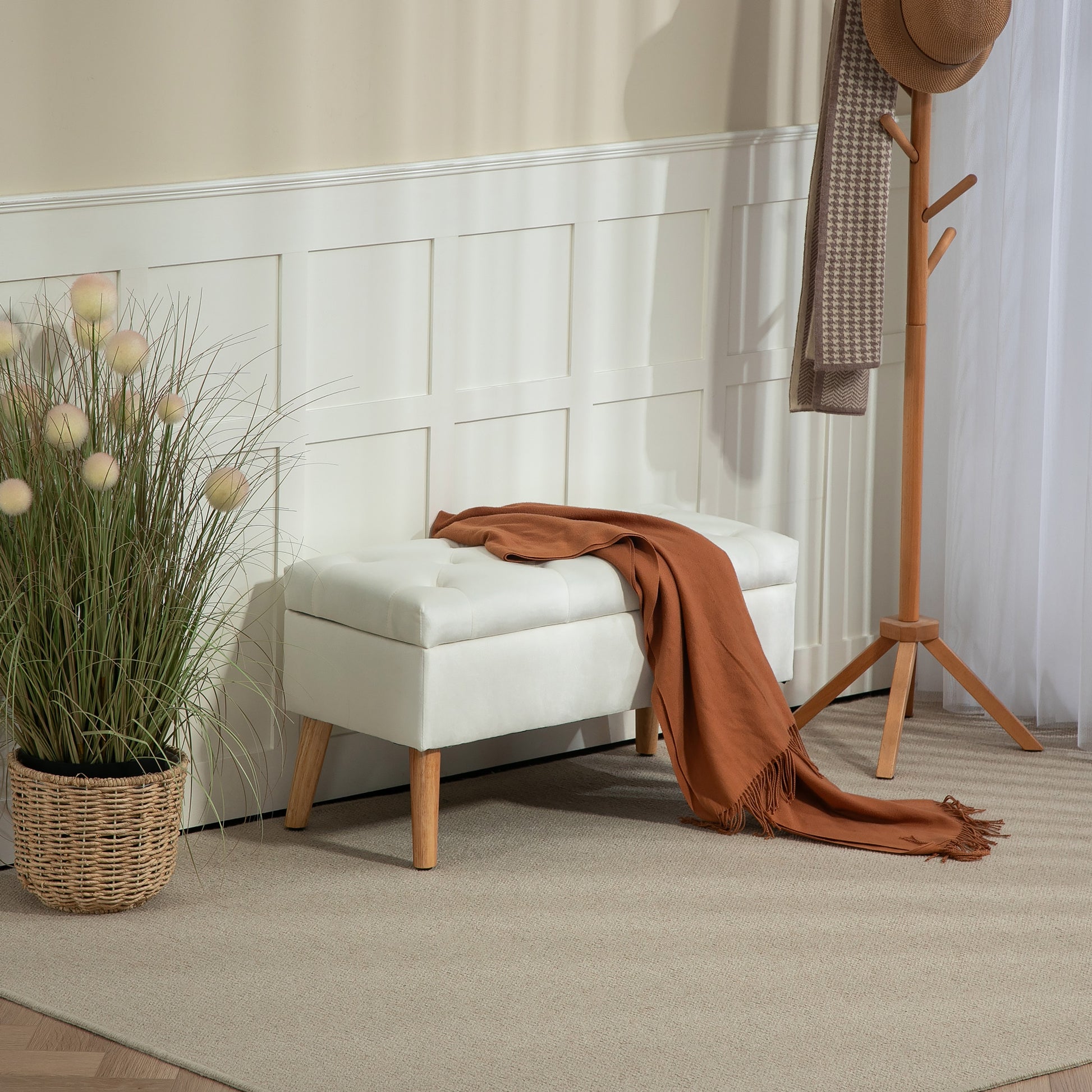 Storage Bench with Upholstered Seat, Ottoman with Lid, Bed Bench with Velvet Look, for Hallway Bedroom Living Room, Rubberwood 80 x 35 x 40 cm White