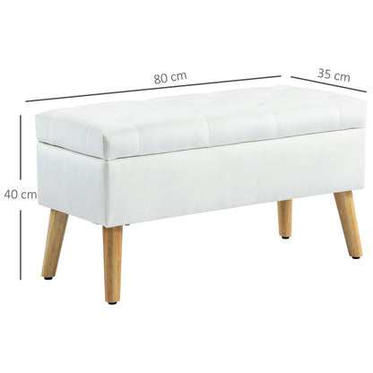 Storage Bench with Upholstered Seat, Ottoman with Lid, Bed Bench with Velvet Look, for Hallway Bedroom Living Room, Rubberwood 80 x 35 x 40 cm White