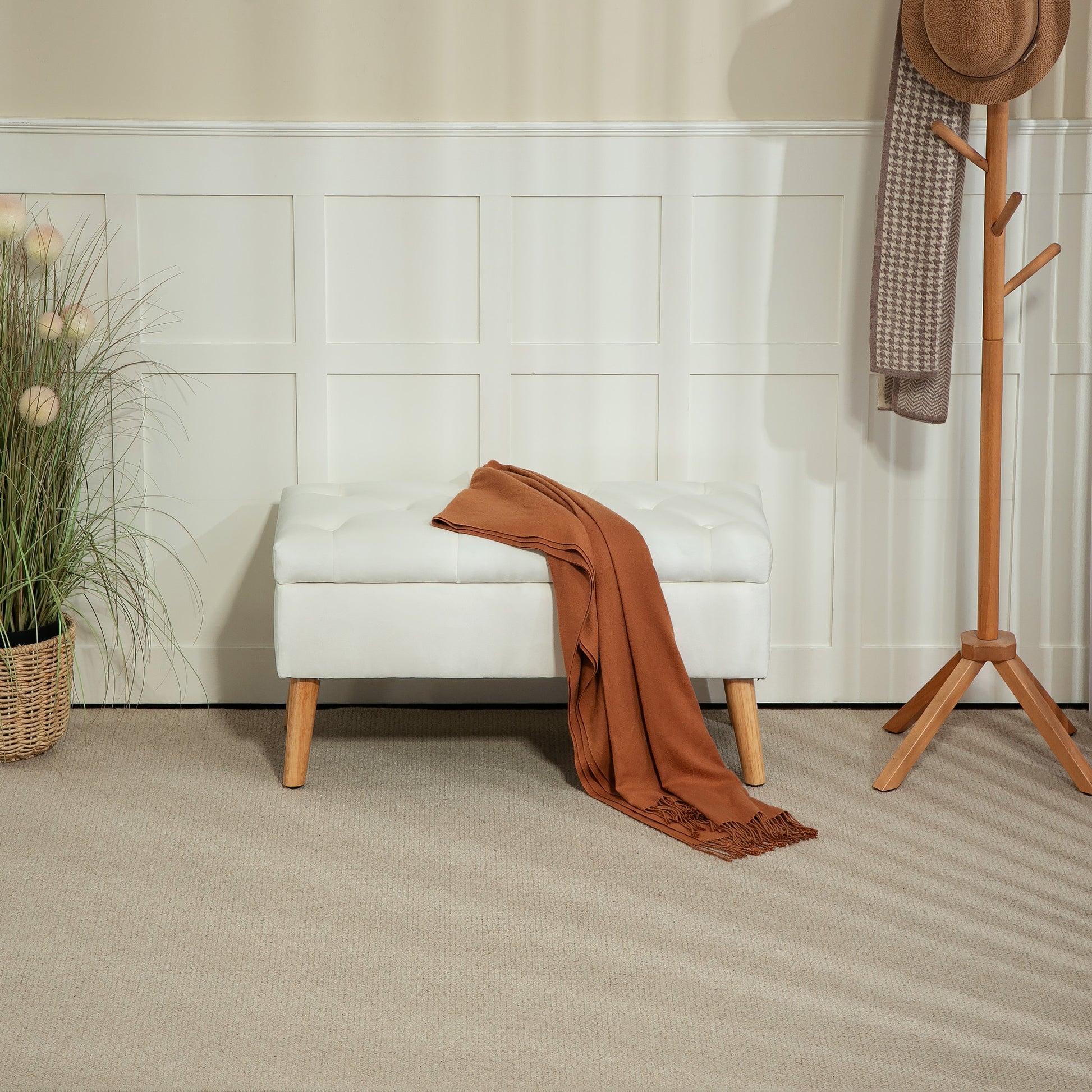 Storage Bench with Upholstered Seat, Ottoman with Lid, Bed Bench with Velvet Look, for Hallway Bedroom Living Room, Rubberwood 80 x 35 x 40 cm White