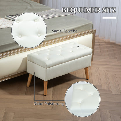 Storage Bench with Upholstered Seat, Ottoman with Lid, Bed Bench with Velvet Look, for Hallway Bedroom Living Room, Rubberwood 80 x 35 x 40 cm White