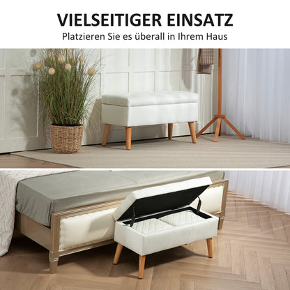 Storage Bench with Upholstered Seat, Ottoman with Lid, Bed Bench with Velvet Look, for Hallway Bedroom Living Room, Rubberwood 80 x 35 x 40 cm White