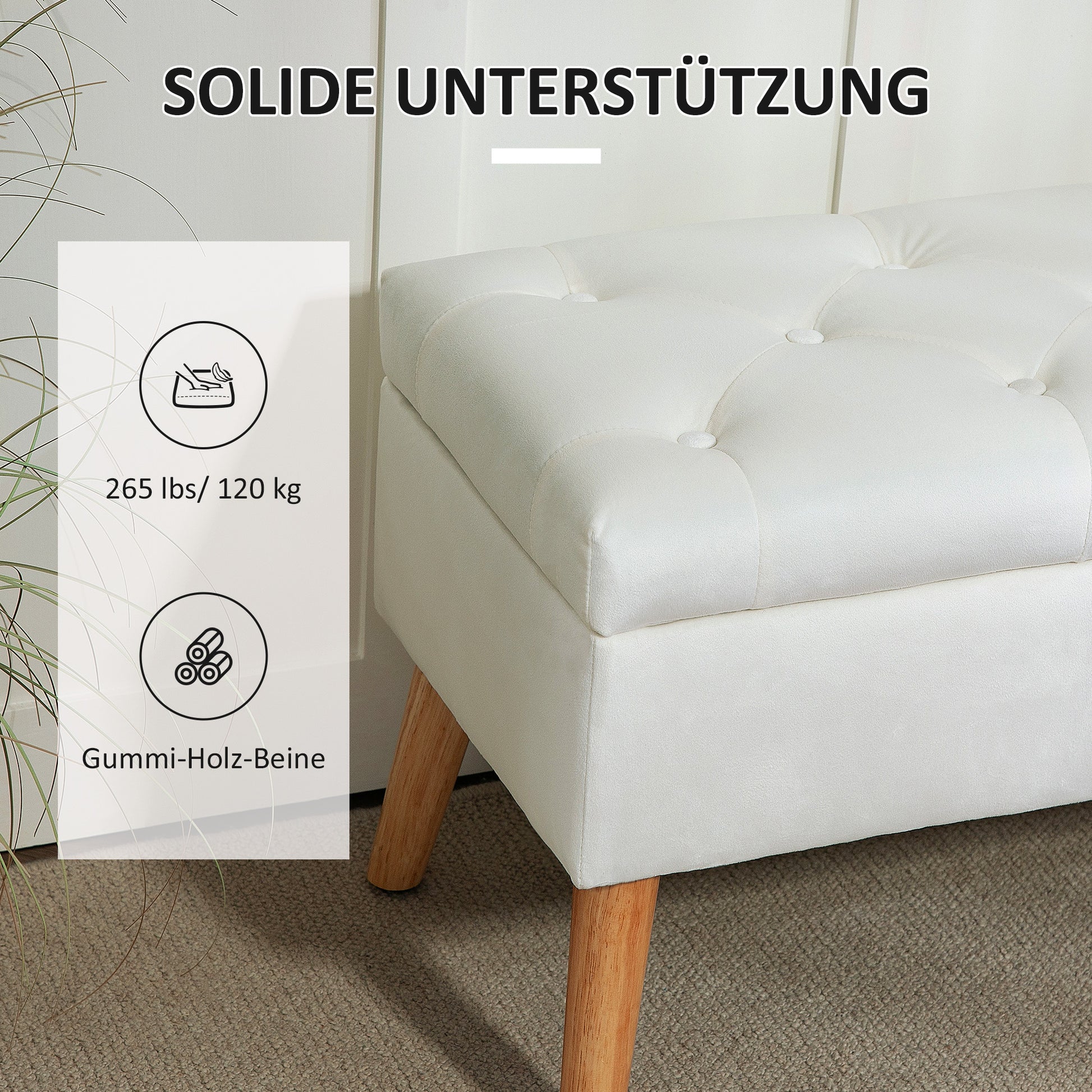 Storage Bench with Upholstered Seat, Ottoman with Lid, Bed Bench with Velvet Look, for Hallway Bedroom Living Room, Rubberwood 80 x 35 x 40 cm White