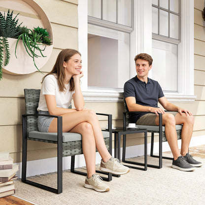 PE Rattan Bistro Set, 3-Piece Garden Set with 2 Chairs, Side Table, Removable Cushions, Balcony/Patio, Light Gray