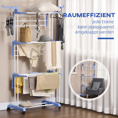 Clothes Rack Tower Clothes Stand with Wheels with 4 Levels Stand Dryer Extendable Clothes Tower for Indoor and Outdoor Steel Blue 73 x 45.5 x 177cm