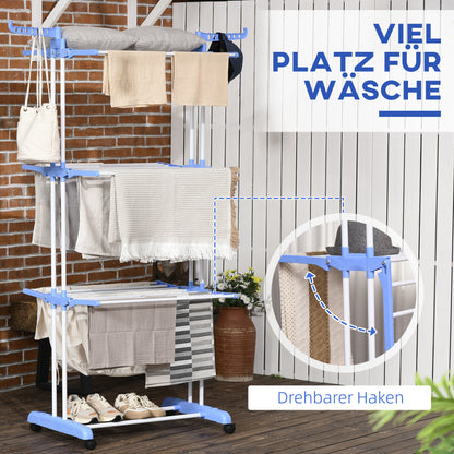 Clothes Rack Tower Clothes Stand with Wheels with 4 Levels Stand Dryer Extendable Clothes Tower for Indoor and Outdoor Steel Blue 73 x 45.5 x 177cm