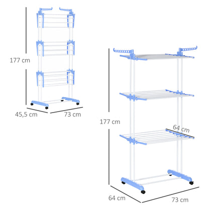 Clothes Rack Tower Clothes Stand with Wheels with 4 Levels Stand Dryer Extendable Clothes Tower for Indoor and Outdoor Steel Blue 73 x 45.5 x 177cm