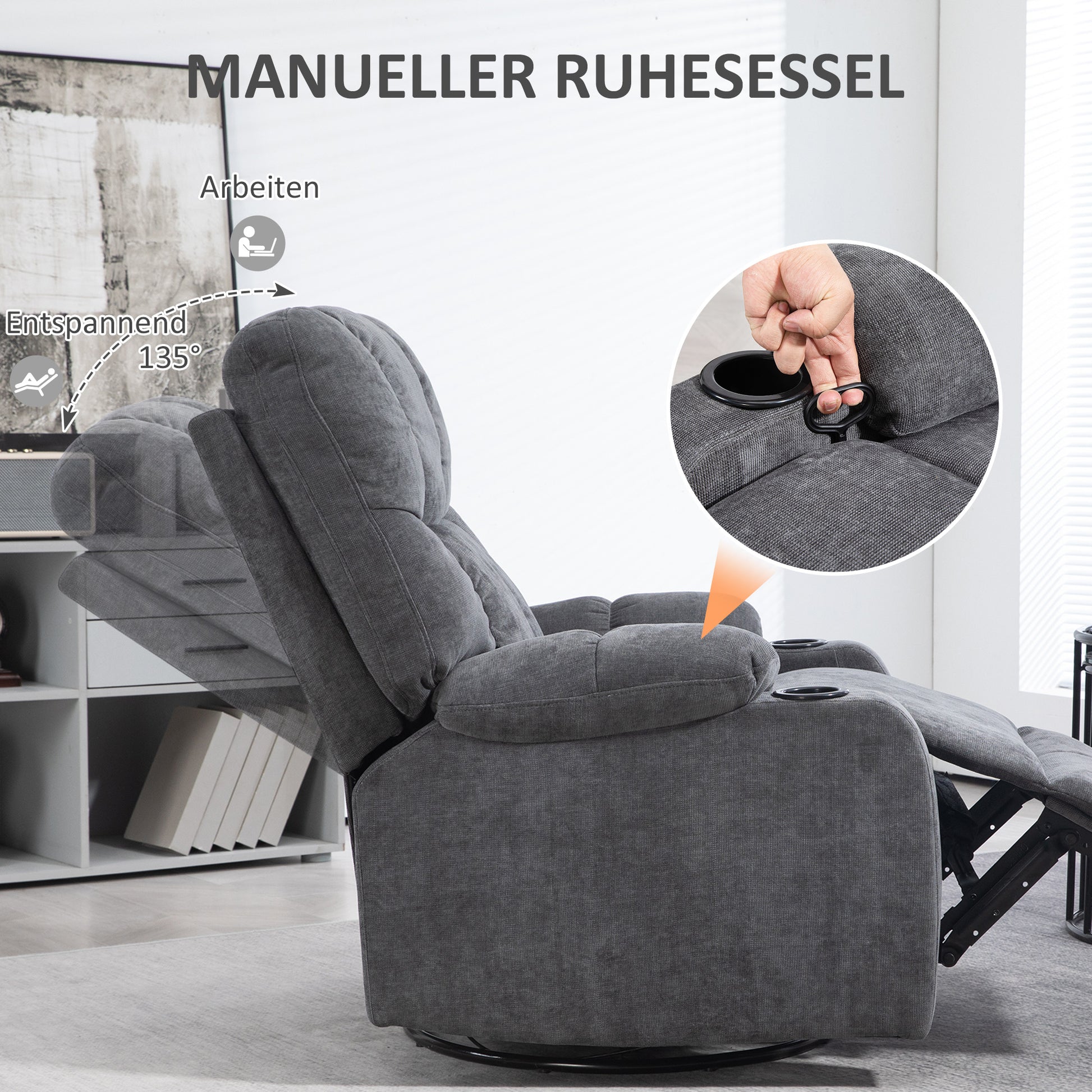 Recliner Chair TV Armchair with Reclining Function, Rocking Function, Swivel TV Chair with Footrest, Pocket Spring and Cup Holder, for Living Room, Dark Gray