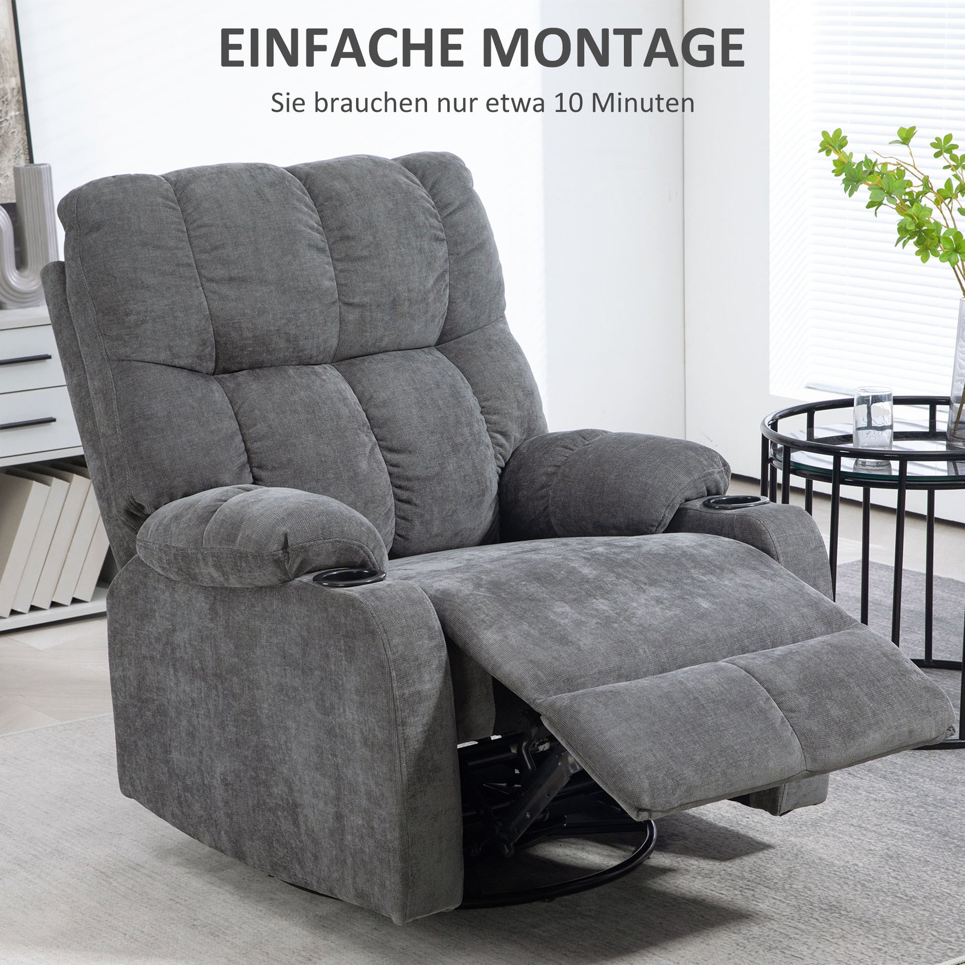Recliner Chair TV Armchair with Reclining Function, Rocking Function, Swivel TV Chair with Footrest, Pocket Spring and Cup Holder, for Living Room, Dark Gray