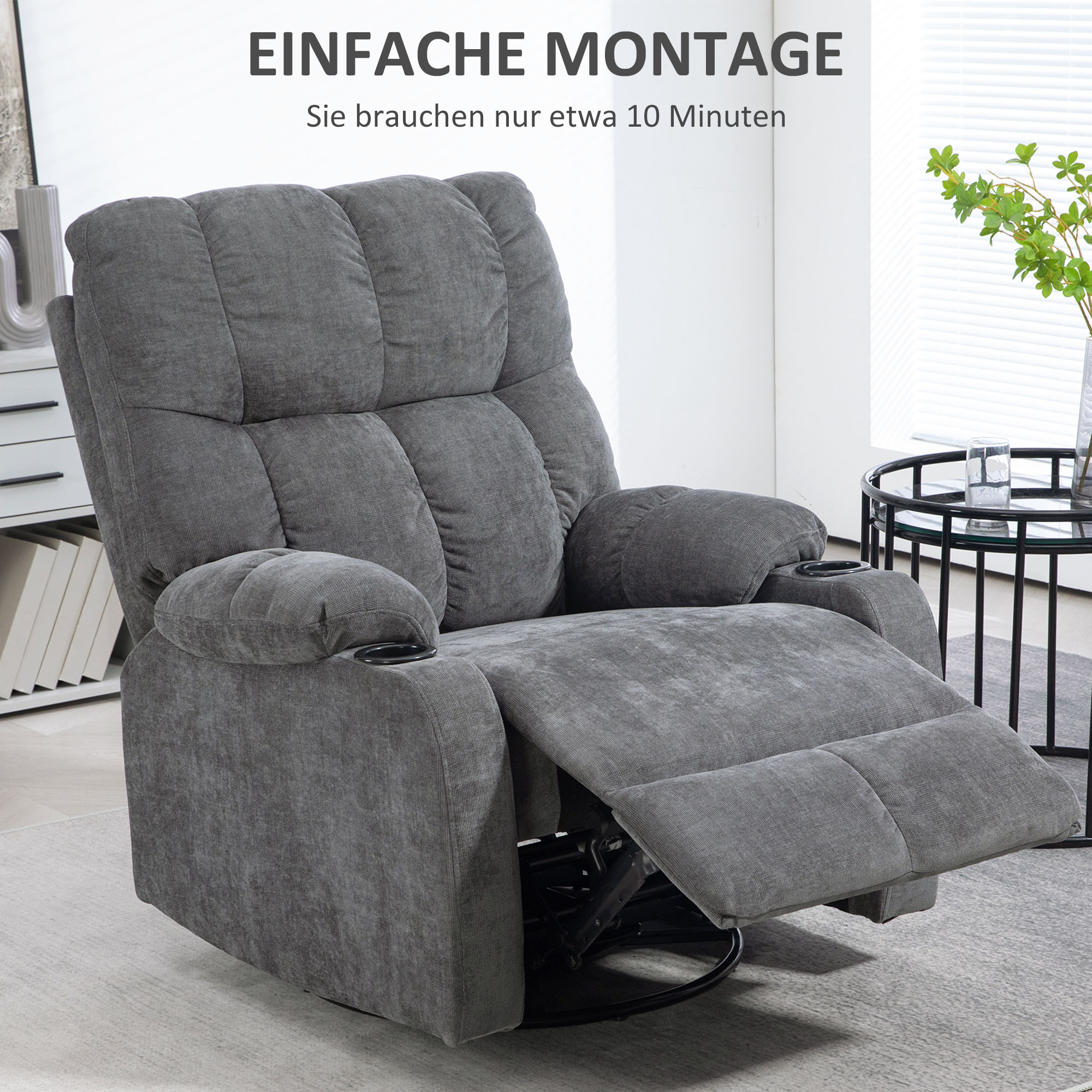 Recliner Chair TV Armchair with Reclining Function, Rocking Function, Swivel TV Chair with Footrest, Pocket Spring and Cup Holder, for Living Room, Dark Gray